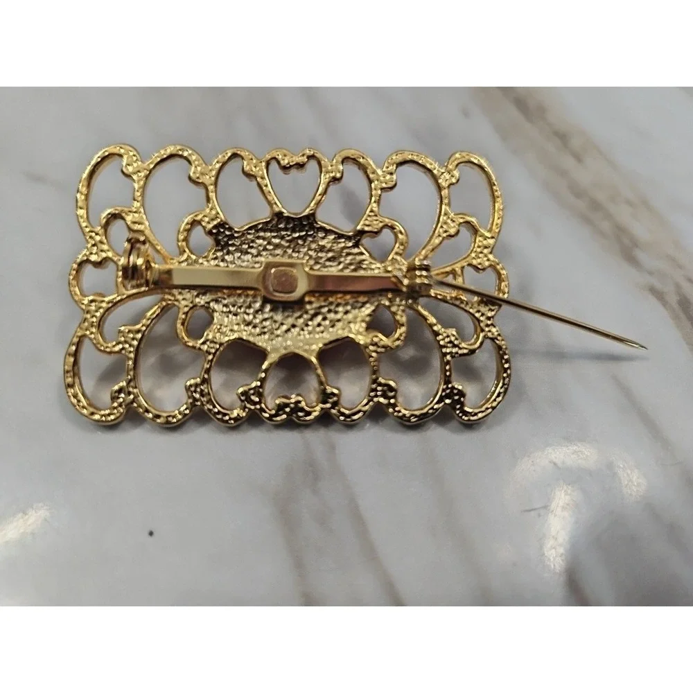 Vintage Cabochon Pin Brooch Red Jelly Gold‎ Tone Rectangle Oval 1980s